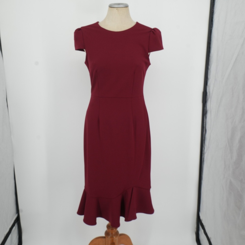 Betsey Johnson Sheath Dress Womens 2 Burgundy Ruffle Hem Midi Short Sleeve Zip